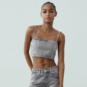 Zara TRF Denim Crop Foil Sequin Top